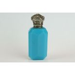 Continental late 19th / early 20th century turquoise glass scent bottle with white metal hinged lid,
