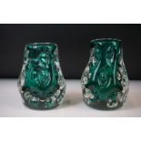 Two 1970s Liskeard (School of Whitefriars) Knobbly range vases cased in clear crystal over a green