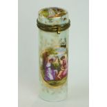 19th century continental cylindrical trinket pot, the lid depicting a courting couple, the body