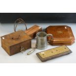 A brass cribbage board, a treen brass bound rectangular box, a pewter tankard, a stell safe box, a