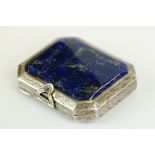 French Houbigant enamelled white metal compact case, the lid with lapis-lazuli-style enamel panel,