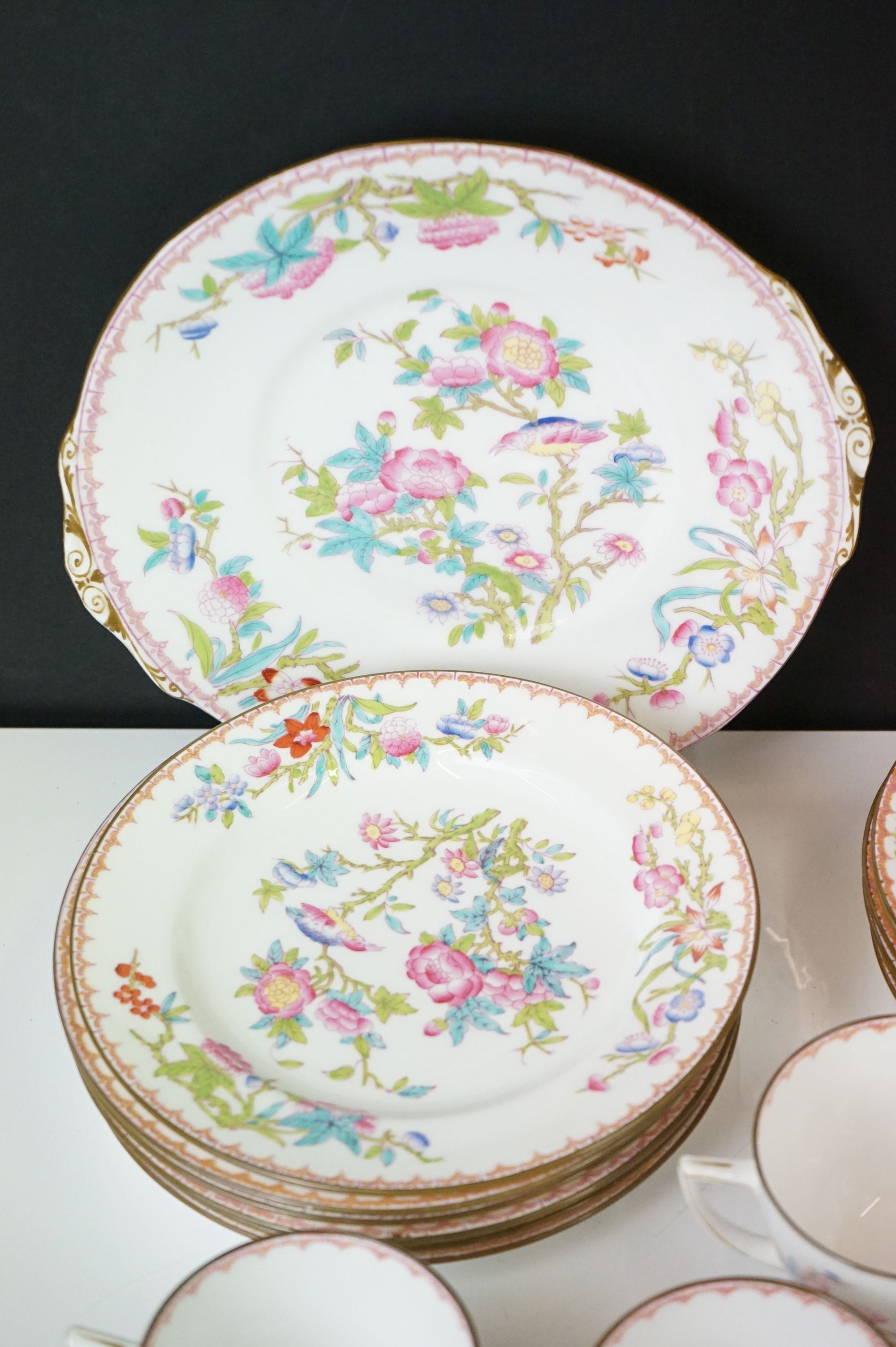 Mintons porcelain tea service decorated with songbirds amongst peonies, to include 6 teacups & - Image 6 of 8