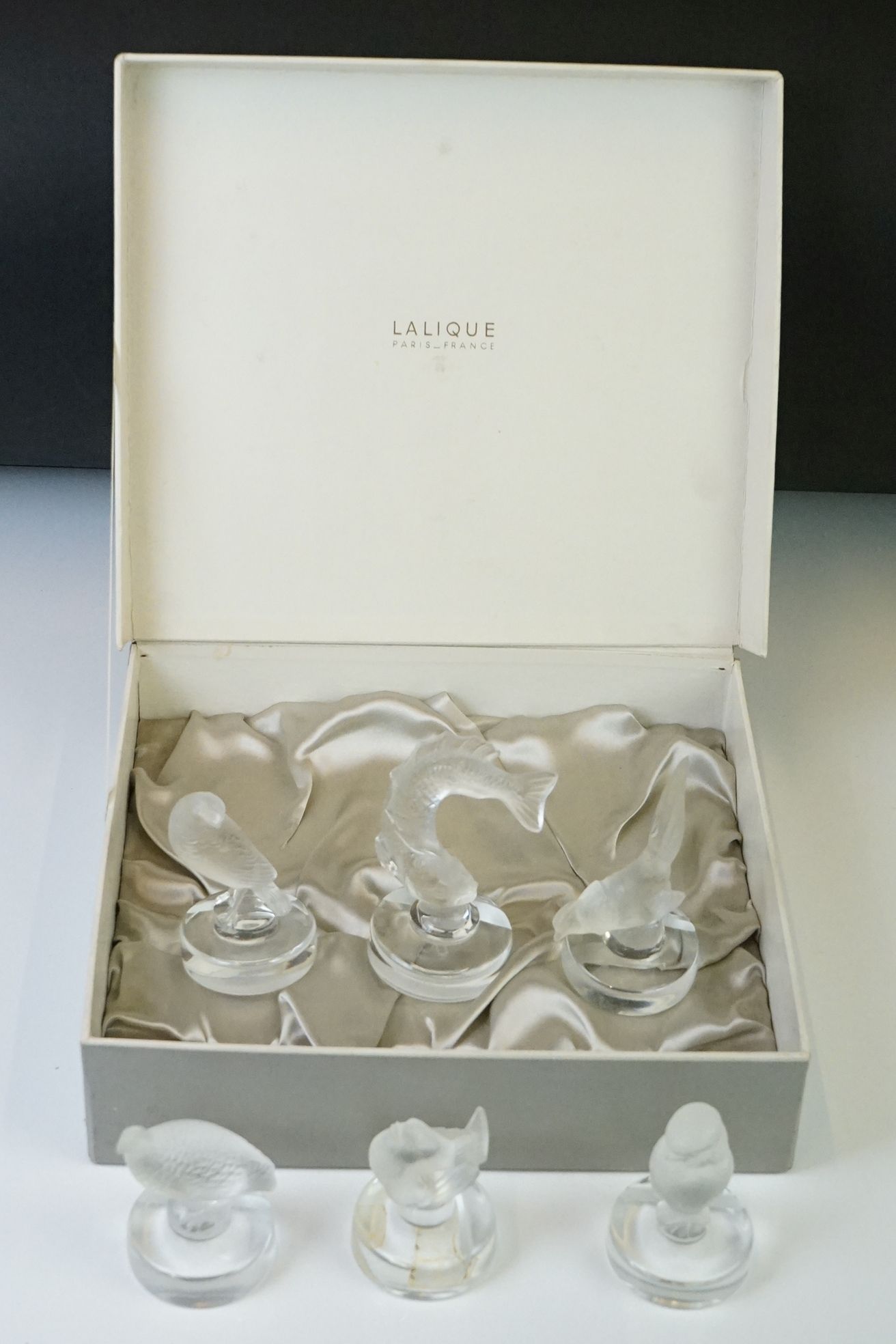 Lalique France - Boxed Set of six birds and fish glass menu holders, circa 1950s, to include a koi