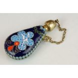 Russian enamelled cloisonne scent bottle, bottle form with screw-top cap and safety chain; blue, red