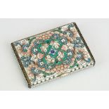 Enamelled silver snuff box, the hinged lid and body with blue, green and white cloisonne enamel