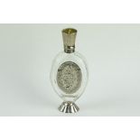 18th century scent bottle, oval faceted glass bottle with silver mounts, engraved floral and