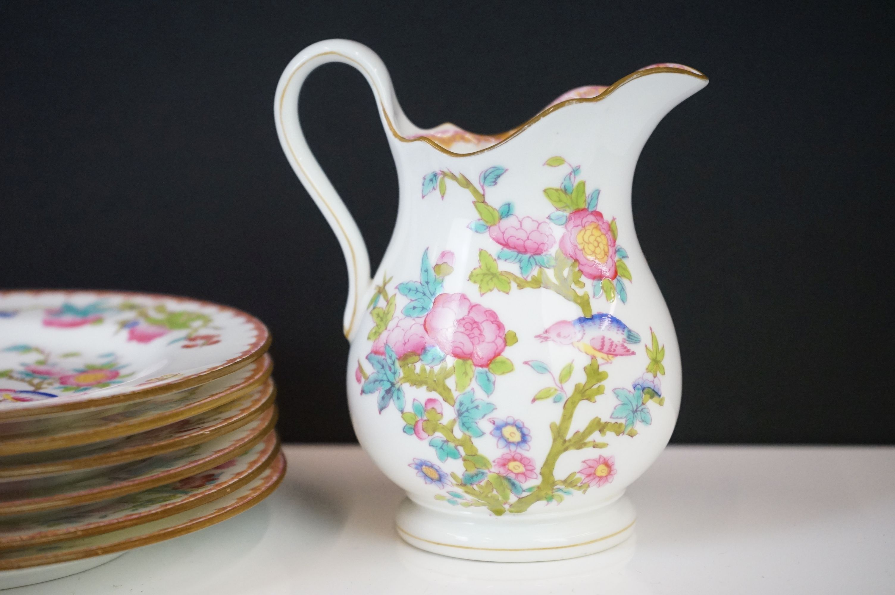 Mintons porcelain tea service decorated with songbirds amongst peonies, to include 6 teacups & - Image 7 of 8