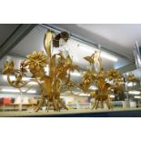 Pair of gilt metal five-branch floral ceiling light fittings, with cast leaf and flower decoration
