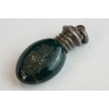 19th century miniature scent bottle, green porcelain oval body, white metal screw cap, length approx