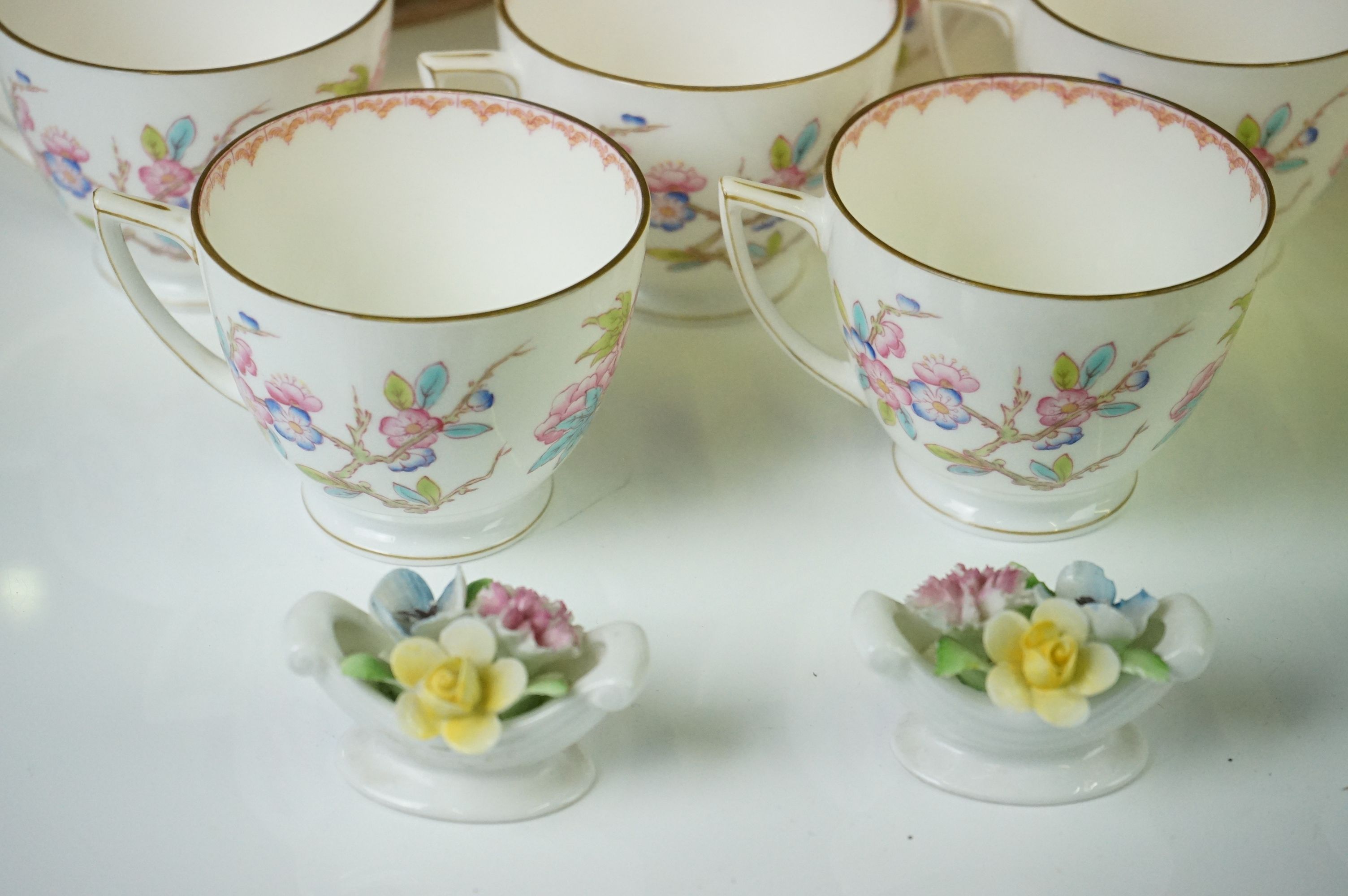 Mintons porcelain tea service decorated with songbirds amongst peonies, to include 6 teacups & - Image 2 of 8