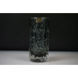 Whitefriars Smoky Grey Textured Bark cylindrical vase, pattern no. 9690, with original paper