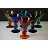 Set of six coloured glass Margarita cocktail glasses with stems modelled as shells, approx 16cm high