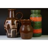 Two West German floor vases to include a Scheurich-Keramik mottled brown glazed jug shaped vase,
