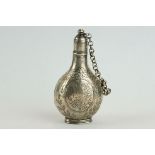 18th century unmarked silver scent bottle, screw top lid and safety chain, engraved floral and