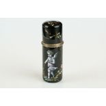 19th century black enamel scent bottle with hand painted cherub and scrolling floral decoration,