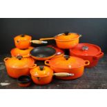 Le Creuset Orange Cast Iron and Enamel Ovenware, 8 items, to include a frying pan, 5 lidded