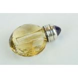 Citrine and amethyst scent bottle, the faceted citrine body with white metal collar, the white metal