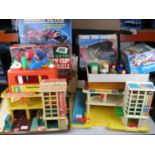 Group of mixed vintage toys to include 2 x Fisher Price garages, boxed Tomy Super Cup Football,