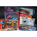 Seven boxed tin plate & plastic models to include New Bright Fire Engine, Schylling The Sunbeam 1000