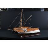 Two wooden model boats, both well made, features a Runabout (26") and a yacht (30"),