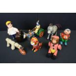 Seven vintage tin plate toys to include wind up Skiier (China), clockwork Marching Money, wind up