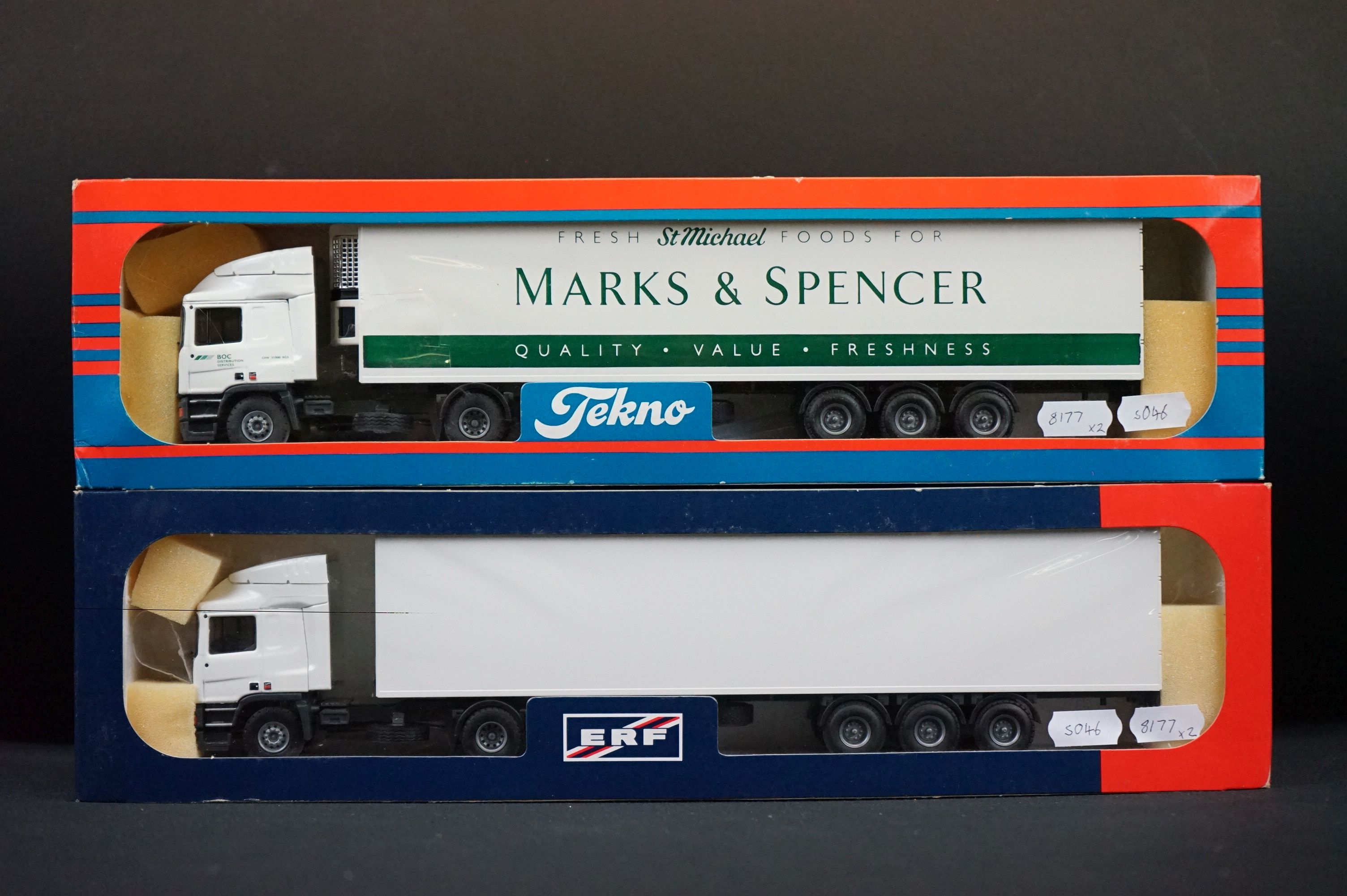 Two Boxed Tekno 1:50 scale diecast haulage models to include an EC ERF truck (gd box) and a