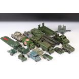 Around 16 play worn military diecast models to include Dinky, Corgi, Budgie & Britains featuring