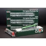 Three boxed Kato HO gauge Corrugated Business Cars to include 35-6003 Chicago Burlington & Quincy,