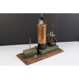 Metal & brass stationary steam engine, unmarked and possibly scratch built, wooden base 17 x 8"