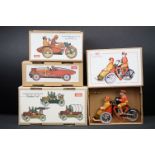 Three boxed Jaya tinplate models, to include ref. 978 Moto Tuf Tuf 1936, ref. 102-103-104, trio of