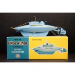 Boxed Sutcliffe Model tinplate Unda Wunda clockwork diving submarine in pale blue, decals, paint and