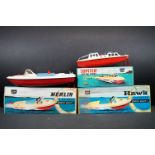 Three boxed Sutcliffe metal boats to include Jupiter in red & white, Merlin electric Speed Boat in