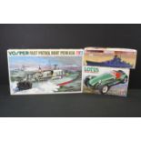 Three boxed Tamiya plastic model kits to include 1/72 Vosper Fast Patrol Boat Perkasa, 1/24 Lotus