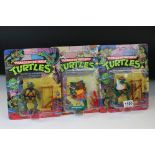 Teenage Mutant Ninja Turtles - Three original Playmates Ideal figures with back cards, bubbles and