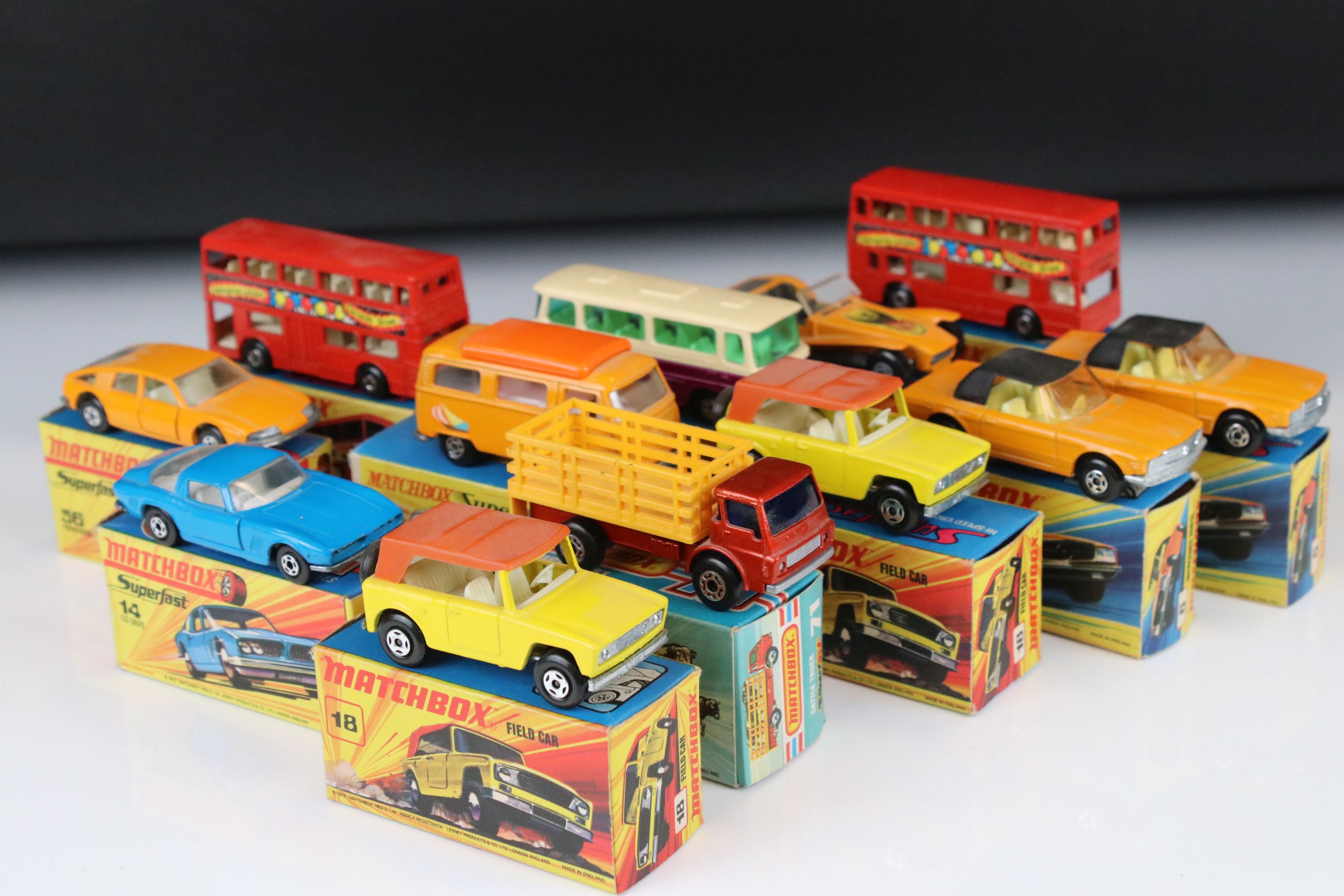 12 Boxed Matchbox 75 Series & Superfast diecast models to include 2 x 18 Field Car, 6 Mercedes