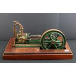 Stationary Beam Engine in main body green on wooden base, unmarked, 25 x 16"