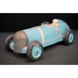 Tinplate Prestyn of Great Britain single seat number 8 racing car, comprising of blue body with