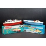 Two boxed Sutcliffe tinplate clockwork models to include Tiger Speedboat in blue & white and Jupiter