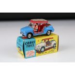 Boxed Corgi 240 Ghia Fiat 600 diecast model in blue with red interior and silver roof, both figures,