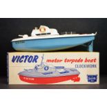 Boxed Sutcliffe Clockwork Victor Motor Torpedo Boat tinplate model in pale blue & blue, complete