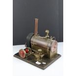 Stationary steam engine with large brass boiler, on base, unmarked, 13 x 10"