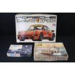 Three Boxed plastic model kits to include an unbuilt Tamiya 1:12 Big Scale Series Porsche Turbo