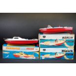 Three boxed Sutcliffe metal boats to include Clockwork Hawk, Clockwork Commodore and Electric