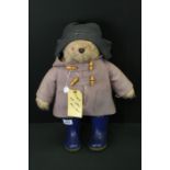 Original Paddington Bear soft toy with blue Dunlop boots, blue hat, lilac coat and original