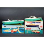 Three boxed Sutcliffe clockwork metal boats to include Jupiter Ocean Pilot Cruiser in red & white,