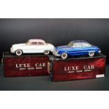 Two boxed tinplate Luxe Car Heavy Gauge Sedan models, one cream with pink roof, the other blue