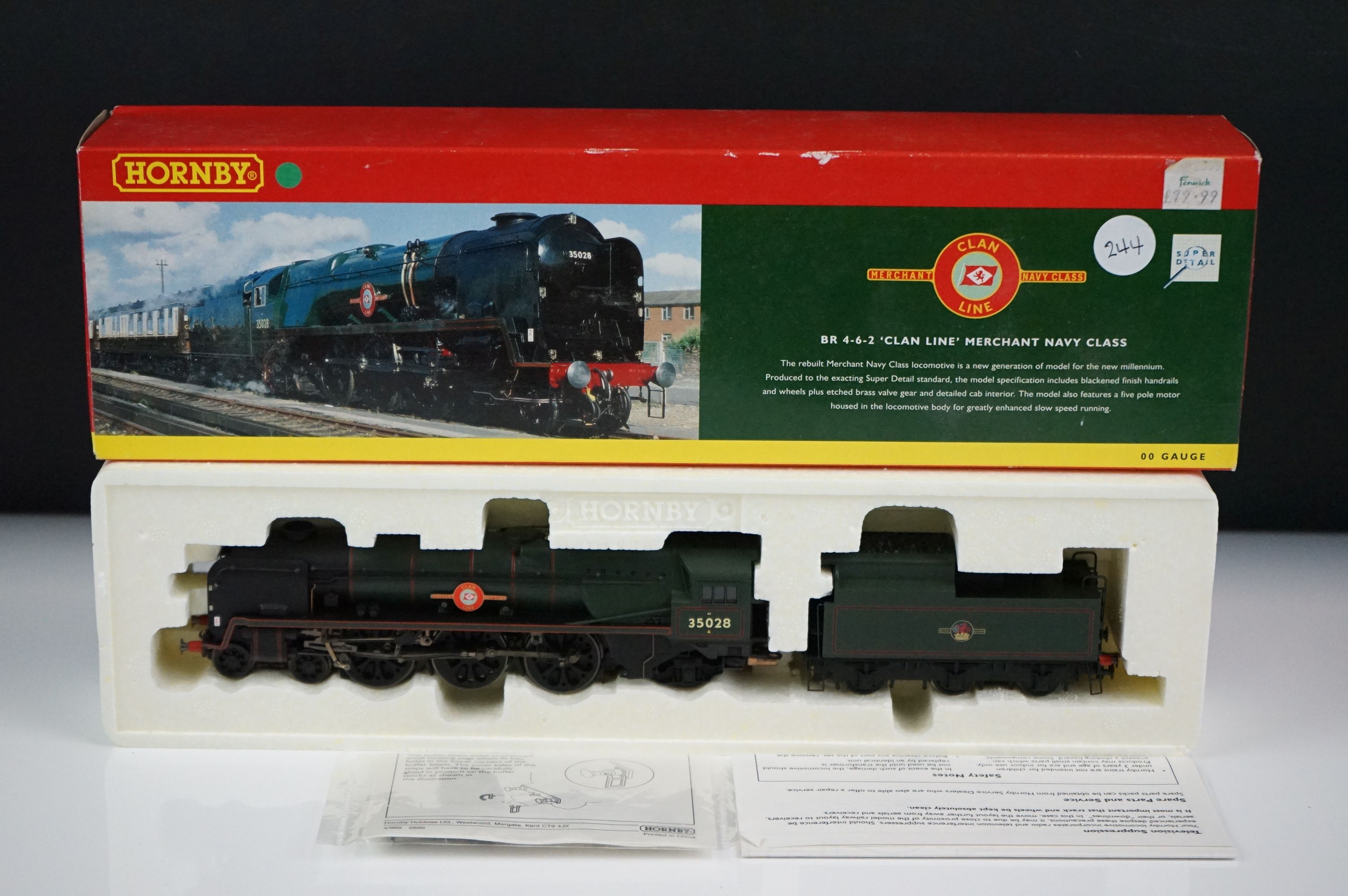 Boxed Hornby OO gauge R2169 BR 4-6-2 Clan Line Merchant Navy Class Super Detail locomotive