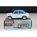 Boxed Corgi 202 Morris Cowley Saloon diecast model in two tone off white/blue colourway, blue