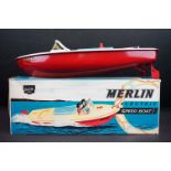 Boxed Sutcliffe Model Merlin Electric Speedboat all metal model in red & white complete with flag,