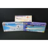 Three boxed plastic model kits to include a sealed 1/144 Airfix 08666 BAC Aerospatiale Concorde,